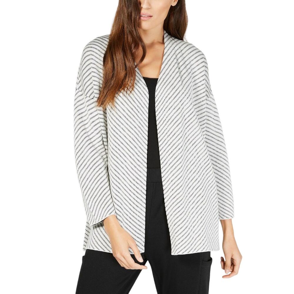 Eileen Fisher Bracelet Stripe Silk Cotton Drape Cardigan in Black Cream Medium